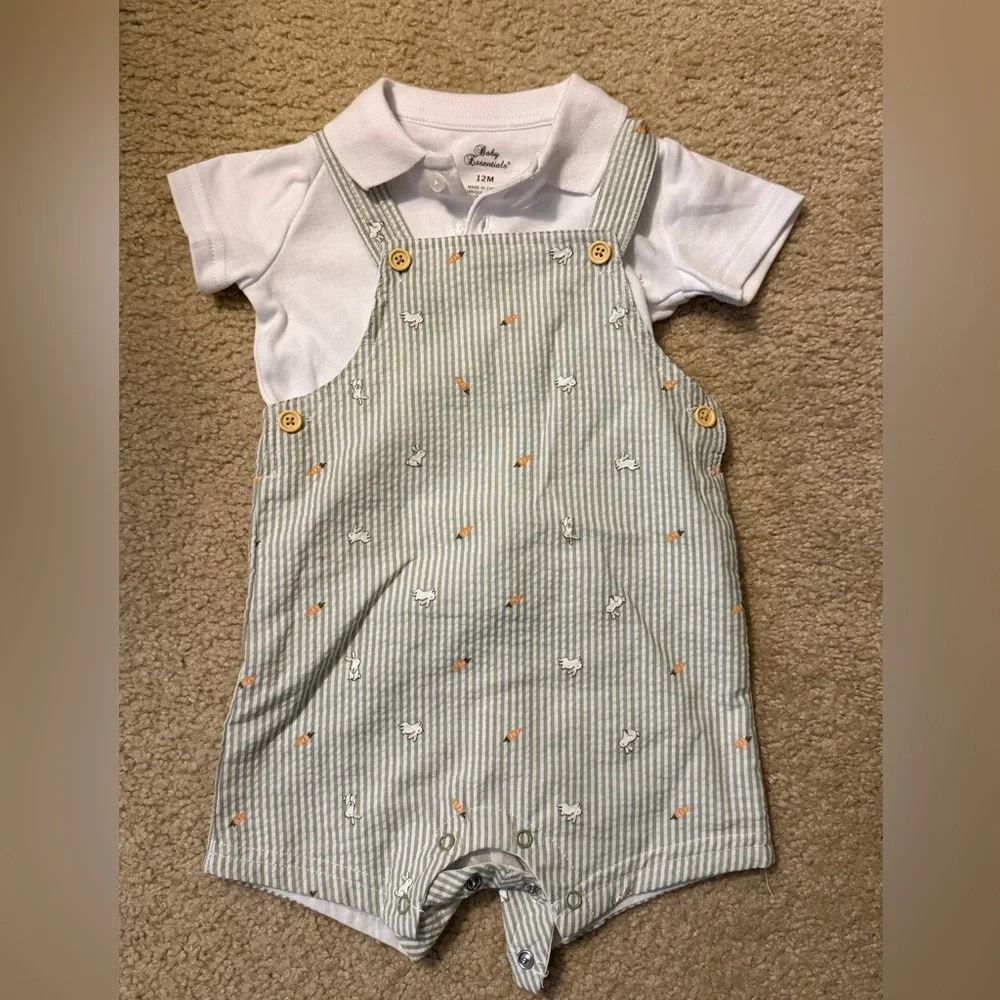 Baby Essentials NWOT Green Striped Bunny Overalls Romper with White Shirt, 12m - Picture 1 of 6